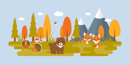 Autumn wild with tree and animals in flat design such as bear, turkey, foxes, bird, mushroom, pine and grass. suitable for thanksgiving holiday conceptのイラスト素材