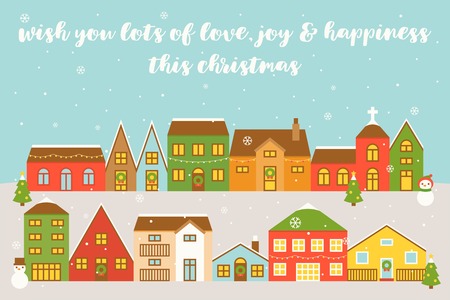 village in winter with snowfall ,decorate with mistletoe, snow man and Christmas tree in flat designのイラスト素材