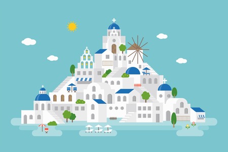 Flat design of Santorini cityscape view included landmark church, wind mill, building, beach umbrella, beach chairのイラスト素材