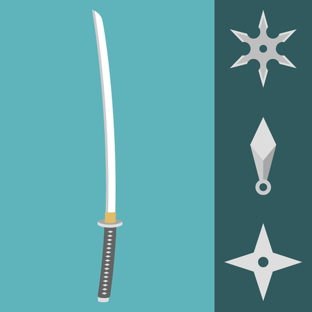 Vector katana sword and ninja weapons, shuriken, flat designのイラスト素材