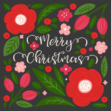 Merry Christmas hand lettering Quote, with floral and leaves doodles in Hand drawn vintage style, for used as print, on t-shirts, bags or poster and greeting cardのイラスト素材