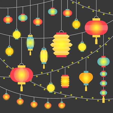 Square night scence illustration of hanging Chinese paper lantern for mid autumn festival and lunar new yearのイラスト素材