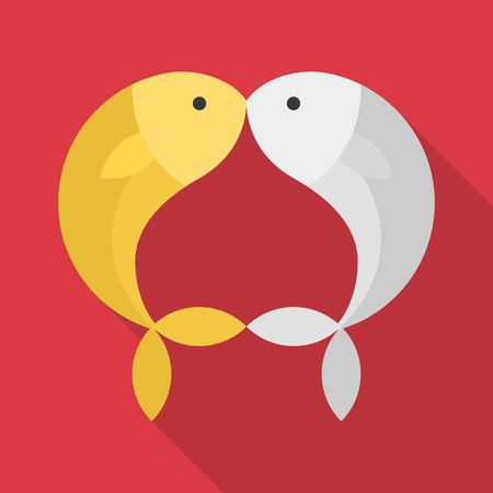 Gold and silver fish kissing on red background, flat design for lunar New Year and Valentine.のイラスト素材