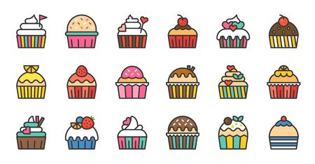 Set of cute fancy cup cakes, filled outline iconのイラスト素材