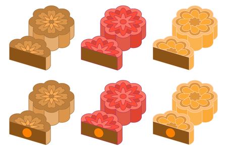 Chinese Mooncake for mid autumn festival in various taste and flavor such as chocolate, red bean, coffee strawberry, outline editable stroke designのイラスト素材