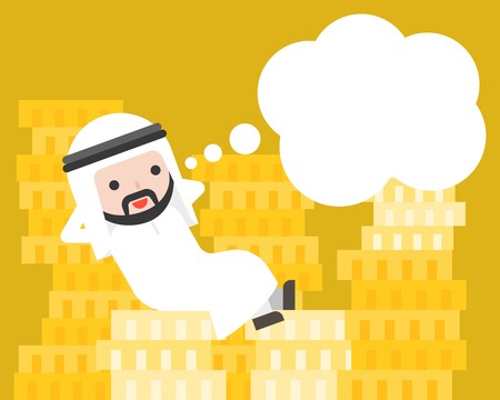 Cute Arab businessman lay down on pile of money and blank speech bubble , business situation wealthy concept, flat designのイラスト素材