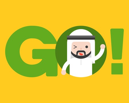 Cute arab businessman in  go alphabet, flat design business situation keep going conceptのイラスト素材