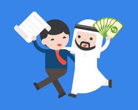 Cute arab businessman carry cash hug business man carry contract , flat design business situation dealing success or partnership conceptのイラスト素材