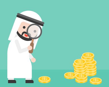 Cute arab businessman looking money through magnifying glass, business situation searching money concept, flat design vectorのイラスト素材