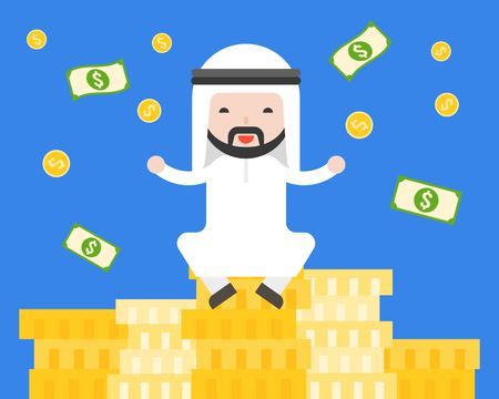 Cute Arab businessman sitting on pile of gold coins , business situation rich, wealthy and successful concept, flat designのイラスト素材
