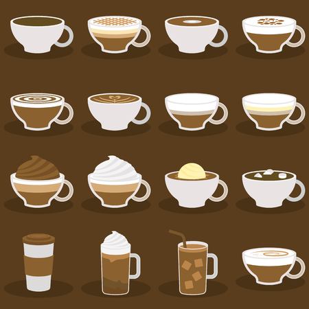 different types of coffee menu in flat design, vector illustrationのイラスト素材