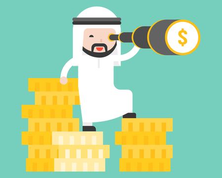 Arab business man stands on stack of gold coin using monocular, flat designのイラスト素材
