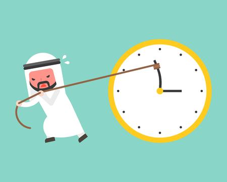 Arab businessman try hard to pull back minute hand anti clockwise by rope, flat design vector turn back time conceptのイラスト素材