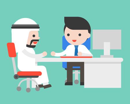 Arab businessman with businessman consult at office desk, flat illustrationのイラスト素材