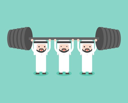 Arab businessman team help each others for weight lifting, flat design business situation teamwork conceptのイラスト素材