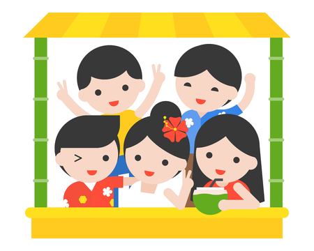 Happy people with Thai summer costume in  bamboo stall vector, holiday with friends conceptのイラスト素材