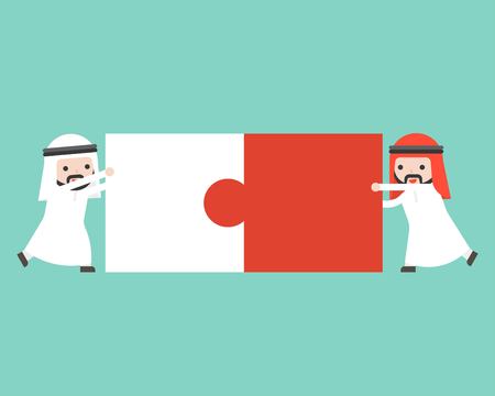 Two Arab businessman connect puzzle pieces vector, flat designのイラスト素材