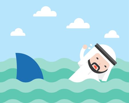 Arab Businessman swimming to escape shark vector, flat designのイラスト素材