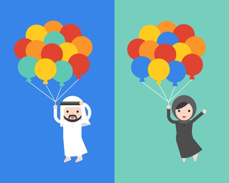 Cute Arab businessman and woman holding balloons, flat design vectorのイラスト素材
