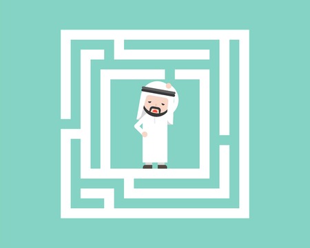 Confused Arab Businessman in labyrinth vector, flat design solution conceptのイラスト素材