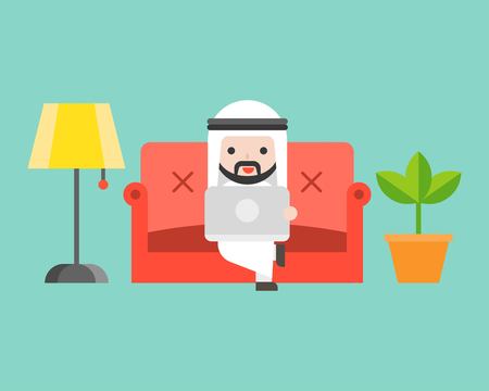 Arab Businessman using laptop on luxury sofa vector, flat designのイラスト素材