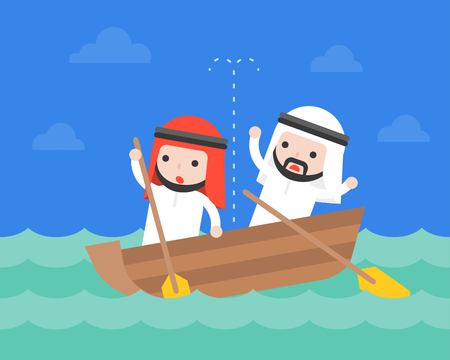 Arab Businessman in small leaky boat in ocean, crisis business situation concept flat designのイラスト素材