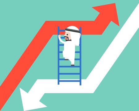 Arab Businessman climbing ladder moving from falling arrow to rising up arrow vector, survival in market business conceptのイラスト素材