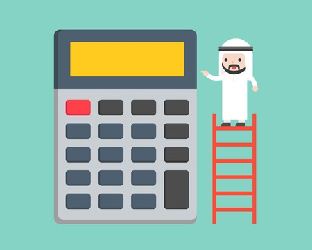 Arab Businessman standing in ladder with big calculator, business situation concept flat designのイラスト素材