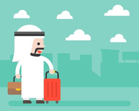 Arab Businessman and luggage on city background, flat design for banner or posterのイラスト素材