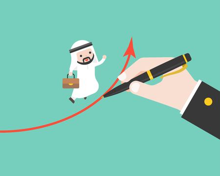 Arab Businessman run on graph which big hand drawing, success and business growth concept, flat designのイラスト素材