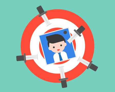 Trowing knife on dartboard with business people photo, revenge or eliminate victim and competitor concept, flat designのイラスト素材