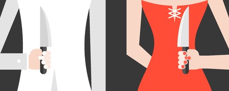 Backstabbing white suit man and red dress woman,hiding hand which carrying knife, flat design vectorのイラスト素材