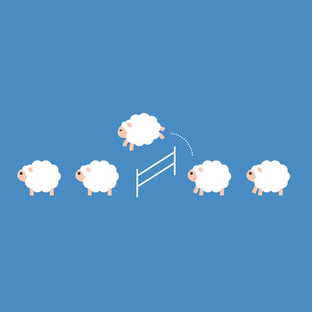 Sheep crowd jumping over a fence, flat design.のイラスト素材