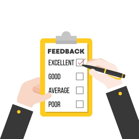 business hand checking feedback questionnaire, flat design vector illustrationのイラスト素材
