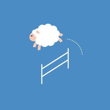 Sheep jumping over a fence, jump pass obstacle, flat design.のイラスト素材