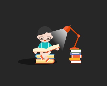 happy boy reading book in the dark with lamp and book, back to school and education theme, flat designのイラスト素材