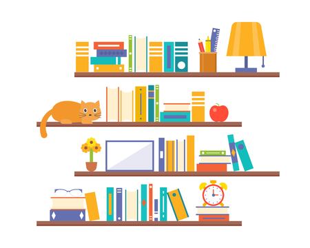 book shelf background with elements such as lamp, alarm clock and cat, flat designのイラスト素材