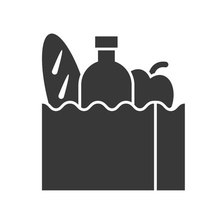 grocery bag with bread, water bottle and apple, food and beverage set, glyph design iconのイラスト素材
