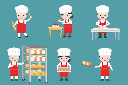 Cute pastry chef characters set with bread and cooking tools, flat designのイラスト素材