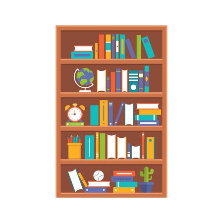 wooden book shelf, flat design vector illustrationのイラスト素材
