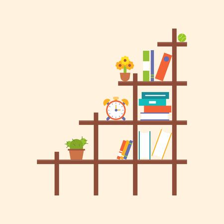 wooden book shelf and element, flat designのイラスト素材
