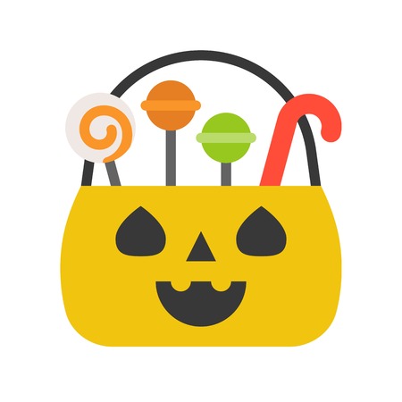 jack o lantern basket, trick or treat with candy in flat design iconのイラスト素材