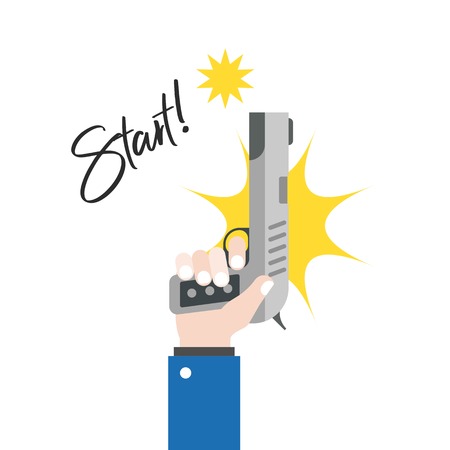 Hand holding gun and firing for starting race, with start calligraphy alphabet for use in sport or competition poster and banner, flat designのイラスト素材