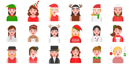 Avatar in winter and Christmas theme various fancy costume such as Santa, reindeer, ugly sweater in flat designのイラスト素材