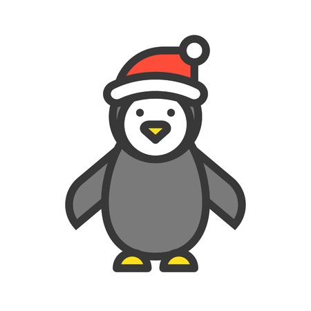 Penguin wearing Santa hat, Merry Christmas theme set, filled outline editable stroke pixel perfect iconのイラスト素材