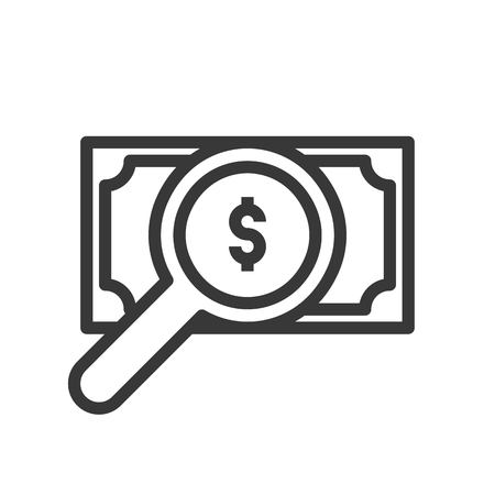 magnify glass and banknote, analysis or checking economic concept, bank and financial related icon, editable stroke outlineのイラスト素材