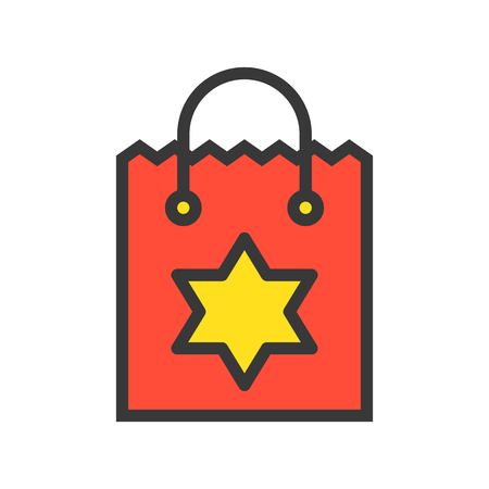 Christmas shopping paper bag with star sign, Merry Christmas theme set, filled outline editable stroke pixel perfect iconのイラスト素材