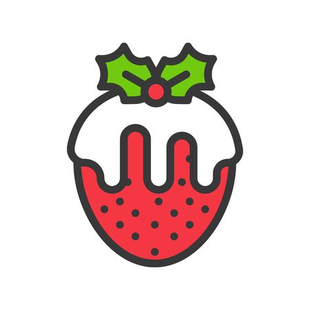 strawberry fondue with mistletoe, christmas sweets icon editable strokeのイラスト素材