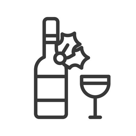 christmas drink icon,wine and bottle with mistletoe. editable outlineのイラスト素材