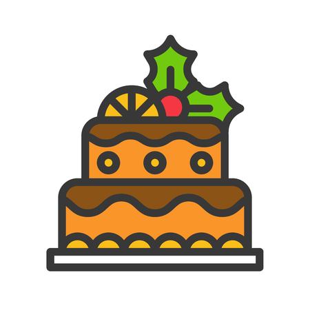 christmas layered fruit cake icon decoration with mistletoe  editable outlineのイラスト素材